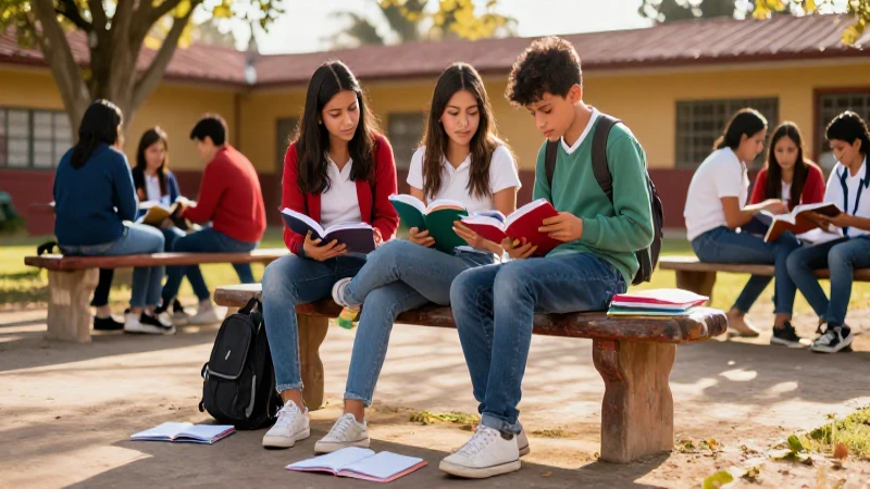 Estudiante sonríe en vibrante patio escolar mexicano