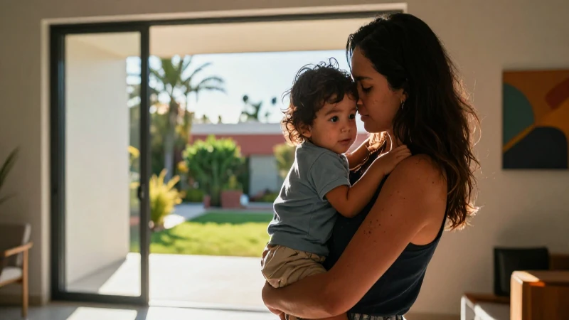 Madre protector abrazando a su hijo bajo luz