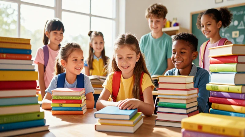 Niños felices rodeados de libros coloridos
