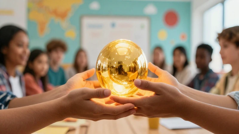 Manos intercambian esfera dorada en entorno educativo