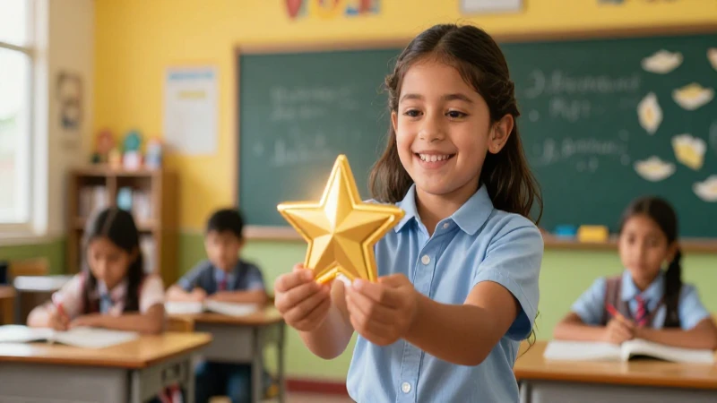 Alumno feliz recibe estrella dorada brillante