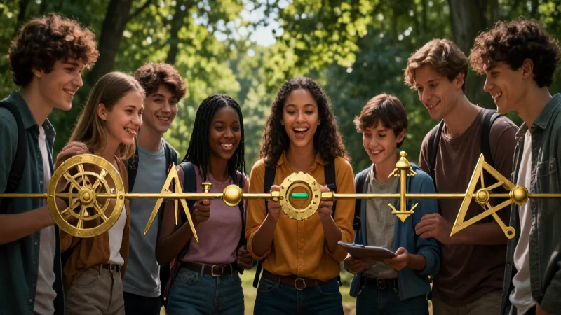 Recta numérica: definición, utilidad y conceptos clave 3 Estudiantes felices colaborando con herramientas antiguas