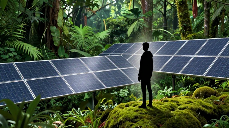 Joven en bosque y energía solar