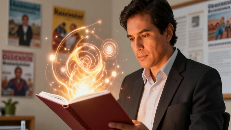 Educador concentrado con energía conceptual vibrante