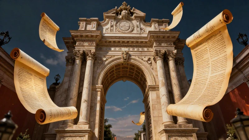 Reformas Borbónicas: Las claves de sus causas y consecuencias 4 Arco barroco con pergaminos flotantes, iluminación dramática
