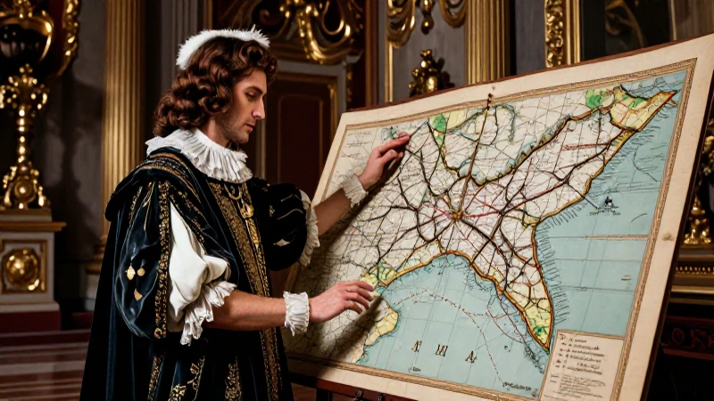 Noble contempla mapas en Barroco opulento