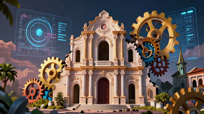 Arquitectura colonial con gears digitales en contraste vibrante