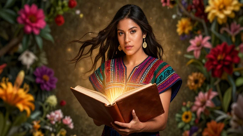 Maestra mexicana elegante con libro dorado y vibrante