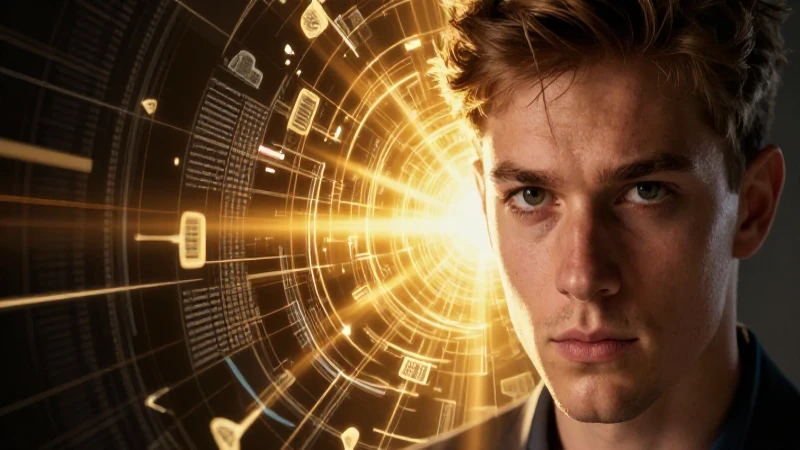 Joven académico analizando datos abstractos con luz dramática