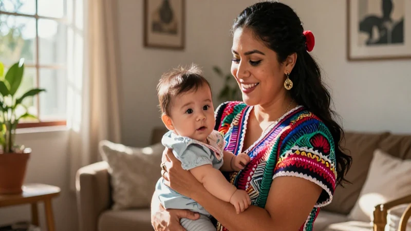 Madre sonriente abraza bebé con estilo mexicano