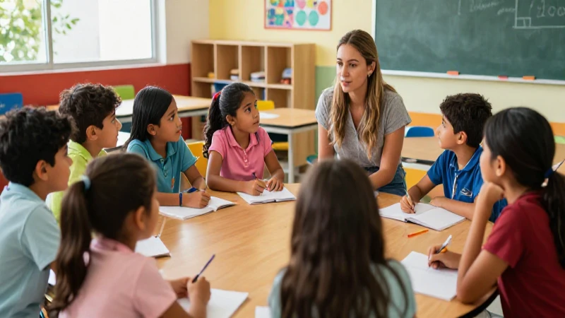 Colaboración educativa en aula vibrante y moderna