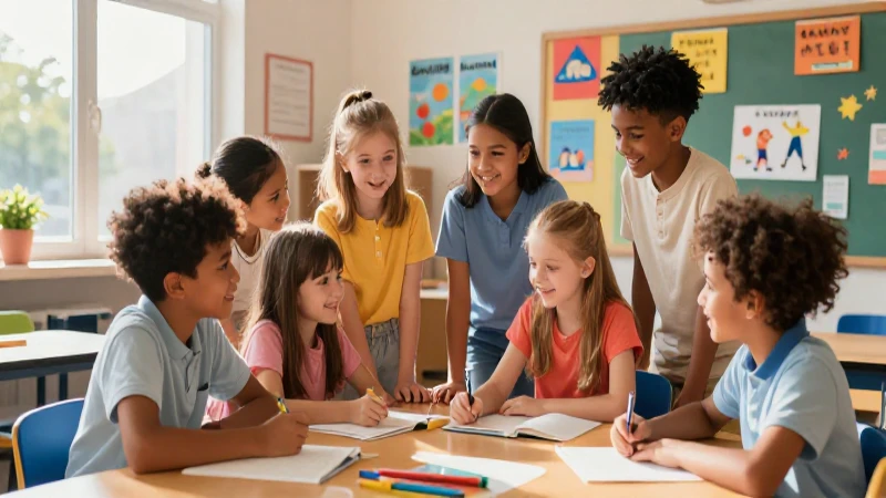 Niños felices colaboran en clase con estilo vibrante