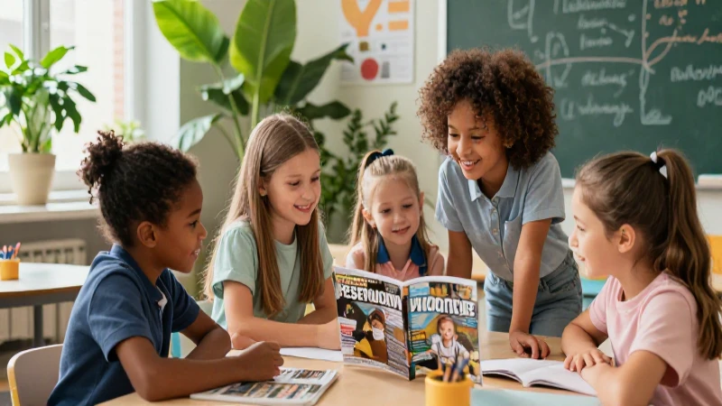 Aula moderna con niños felices colaborando