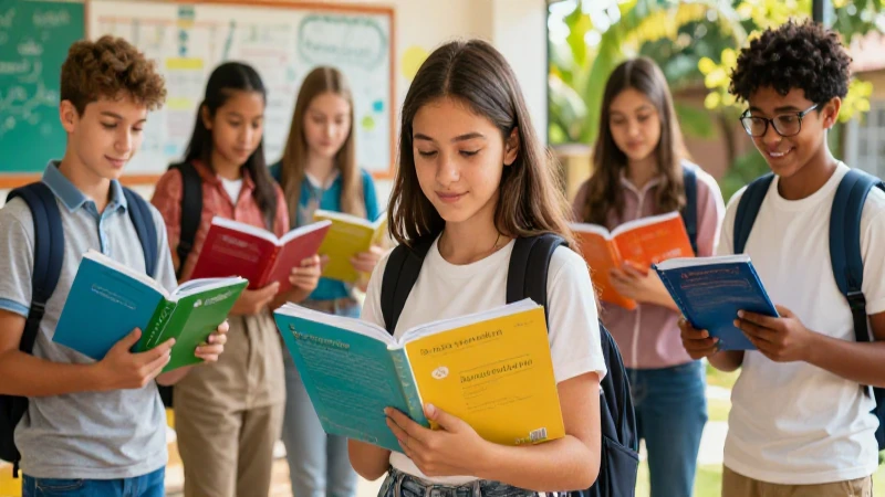 Estudiantes de secundaria con libros modernos
