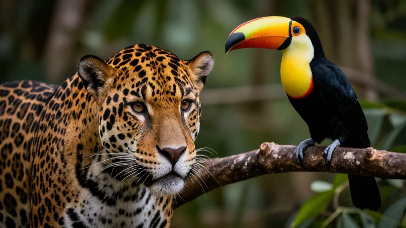 Jaguar y tucán vibrantes en ilustración detallada