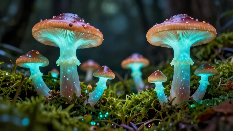 Hongos bioluminiscentes detallados en entorno vibrante