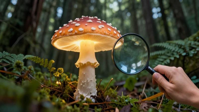 Hongo brillante examinado en un bosque