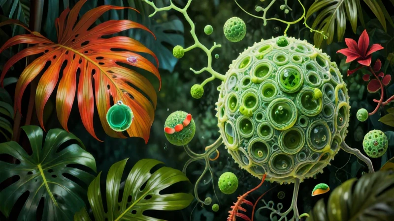 Ilustración botánica detallada de flora tropical y células microscópicas