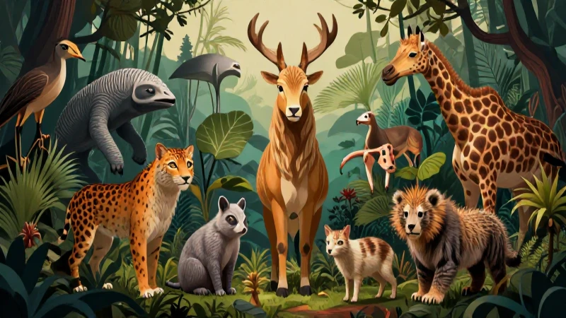 Ilustración detallada de fauna en vibrante entorno