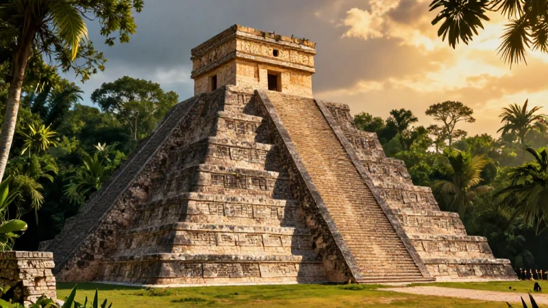 Pirámide maya dorada en la selva