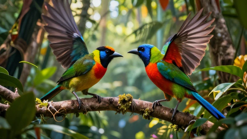 Qué son y cómo funcionan las relaciones interespecíficas 6 Pájaro tropical vibrante con selva, estilo editorial dinámico