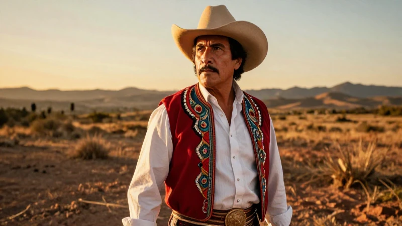 Retrato heroico en vibrante paisaje mexicano cinematográfico