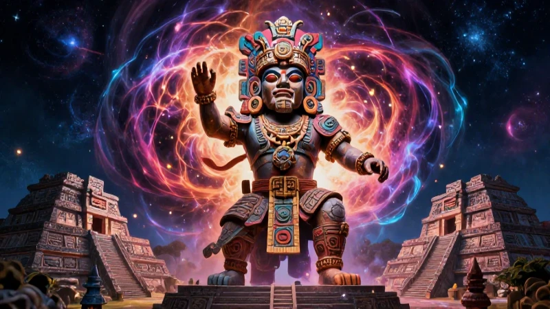 Dios mesoamericano emergiendo con energía cósmica vibrante