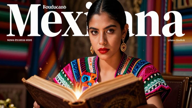 Mujer moderna mexicana en revista con libro antiguo