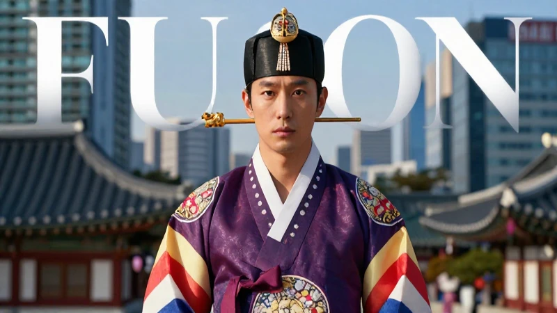 Deidad coreana en Hanbok frente a Seoul moderno