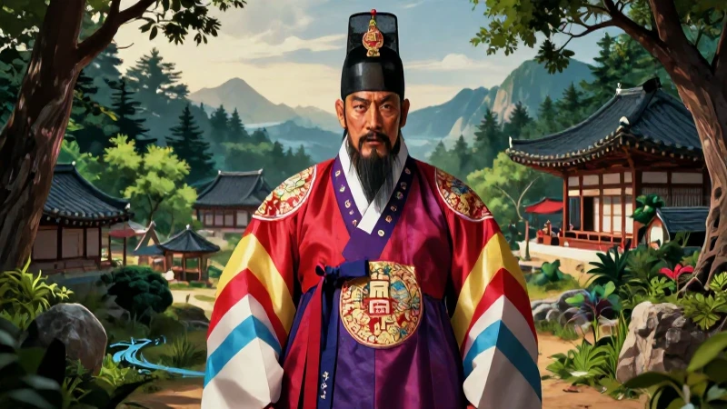 Deidad coreana majestuosa en entorno cultural vibrante