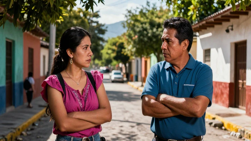 Vecinos mexicanos tensos en calle vibrante e hiperrealista