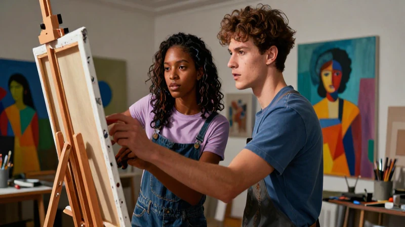 Jóvenes artistas creativos colaboran en estudio vibrante
