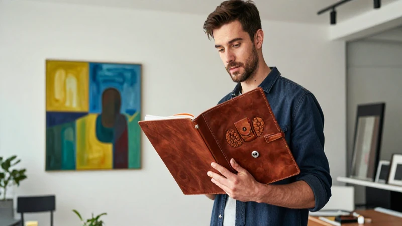 Artista joven con portafolio en estudio moderno