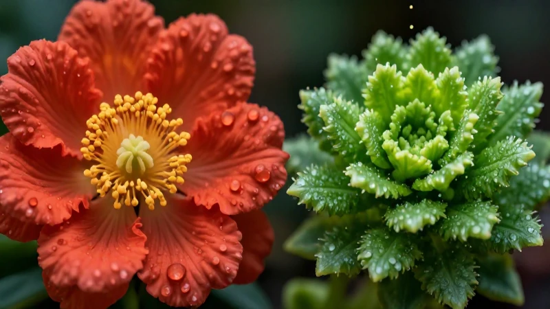 Planta vibrante con detalles botánicos y luz dramática