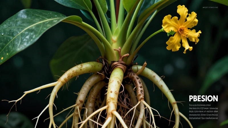 Planta macro vibrante con raíces y flores