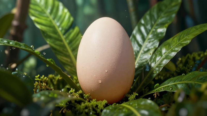 Huevo biológico detallado en follaje tropical