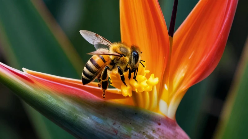 Macro detallada de abeja polinizando flor vibrante