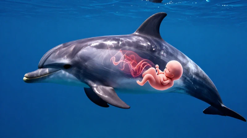 Delfín majestuoso con visualización fetal en azul profundo