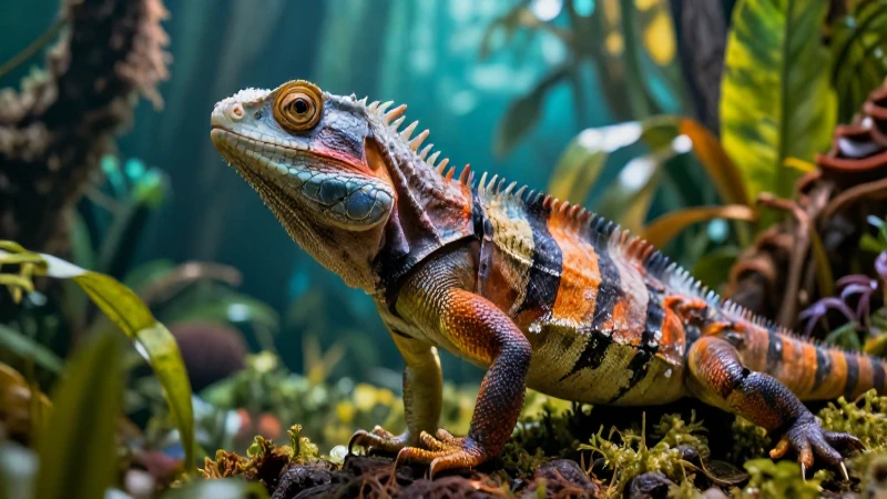 Reptil majestuoso vibrante en entorno tropical