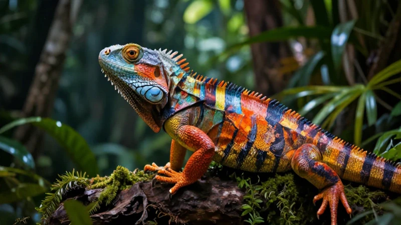 Reptil colorido vibrante en ambiente tropical dramático
