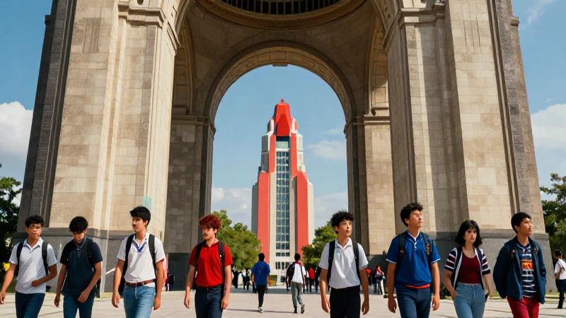 Arquitectura moderna y vibrante con estudiantes en foco
