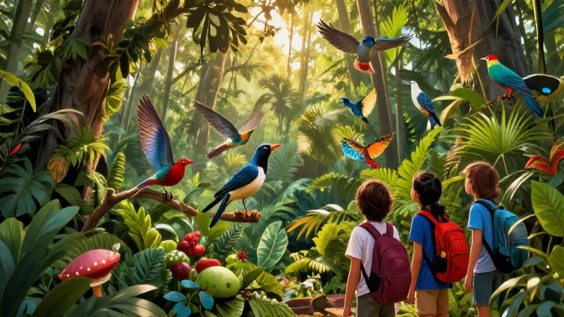 Bosque mexicano vibrante con estudiantes curiosos