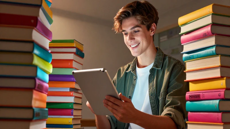 Estudiante sonriente con tablet y libros coloridos