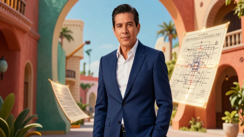 Inteligente mexicano en un blazer, frente a arquitectura