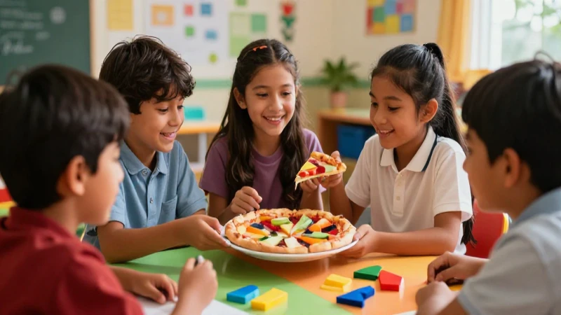 Niños mexicanos aprendiendo feliz con pizza