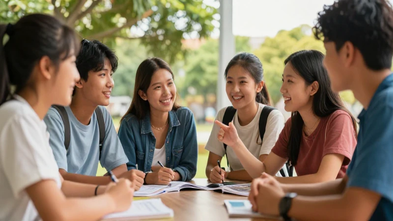 Estudiantes felices colaboran en exteriores vibrantes