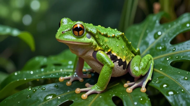Anfibios: Fascinante respiración y sorprendente adaptación 6 Sapo verde en hoja tropical con luz dramática