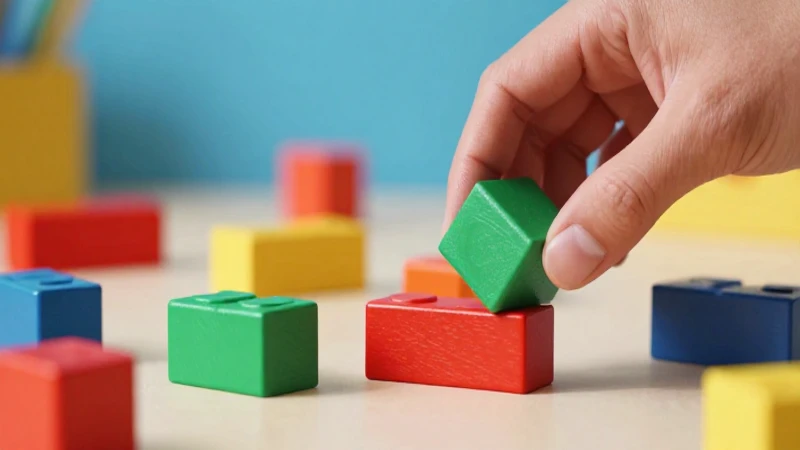 Manos separan bloques coloridos en un entorno moderno y dinámico