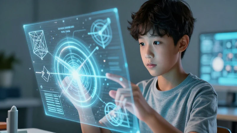 Estudiante concentrado mira holograma de geometría compleja