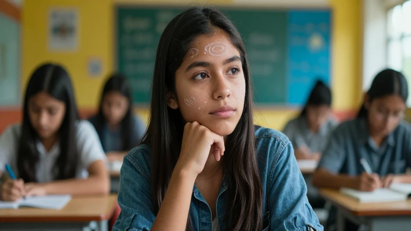 Reticencia: definición, características y ejemplos claros 5 Joven mexicana pensativa en ambiente educativo moderno